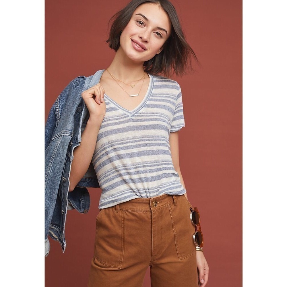 Anthropologie Cloth & Stone Striped Raw Hem Tee XS